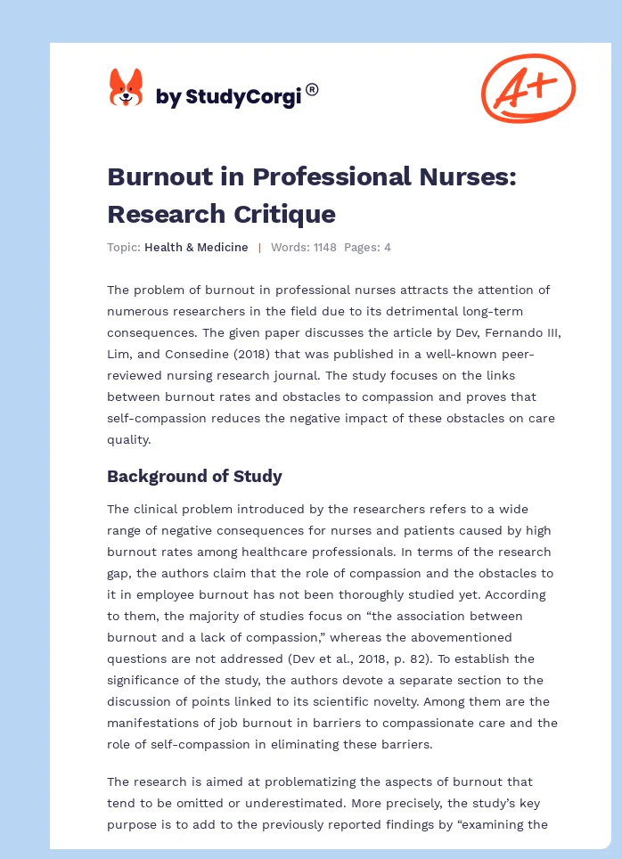 Burnout in Professional Nurses: Research Critique. Page 1