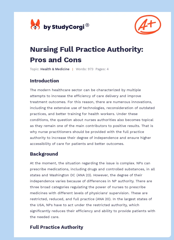 Nursing Full Practice Authority: Pros and Cons. Page 1