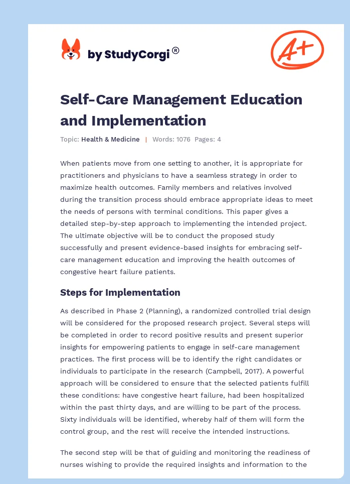 Self-Care Management Education and Implementation. Page 1