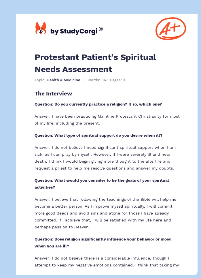Protestant Patient's Spiritual Needs Assessment. Page 1