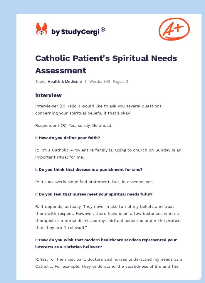 Catholic Patient's Spiritual Needs Assessment. Page 1