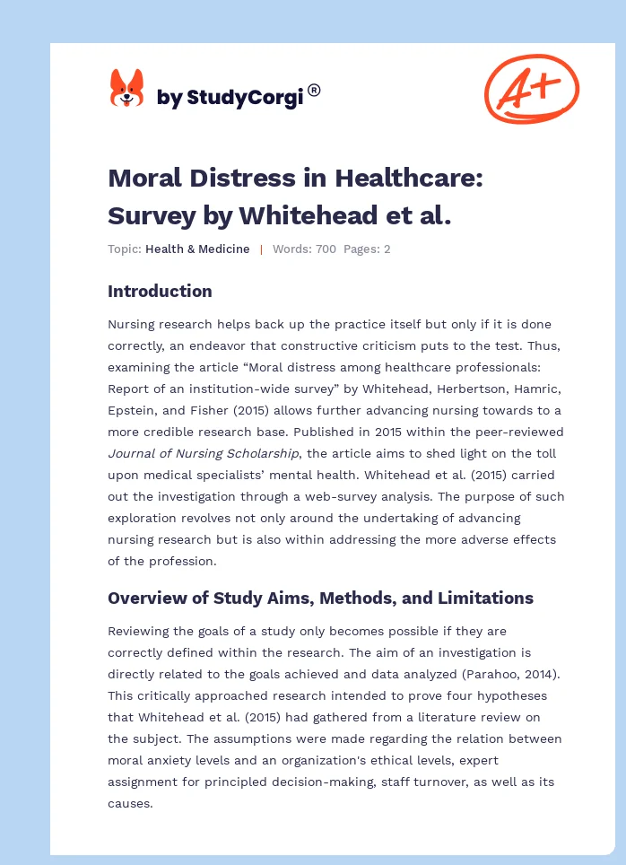 Moral Distress in Healthcare: Survey by Whitehead et al.. Page 1
