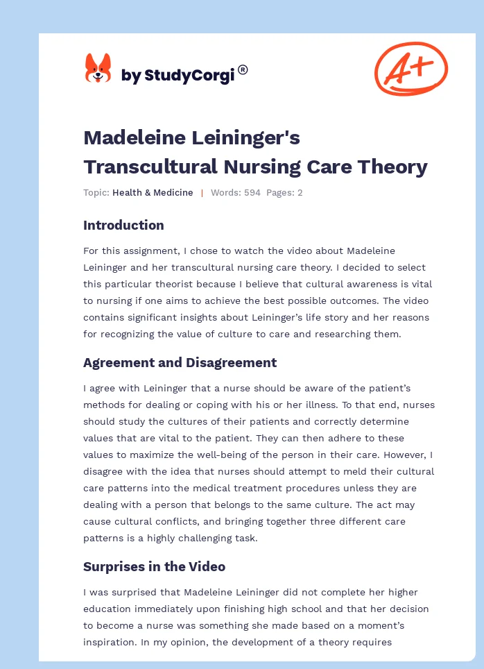 Madeleine Leininger's Transcultural Nursing Care Theory. Page 1