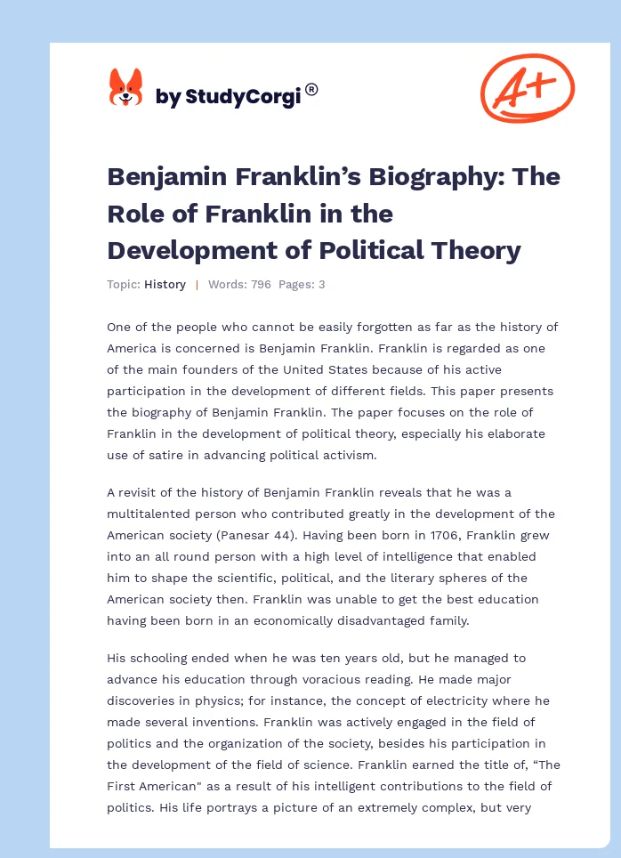 Benjamin Franklin’s Biography: The Role of Franklin in the Development of Political Theory. Page 1