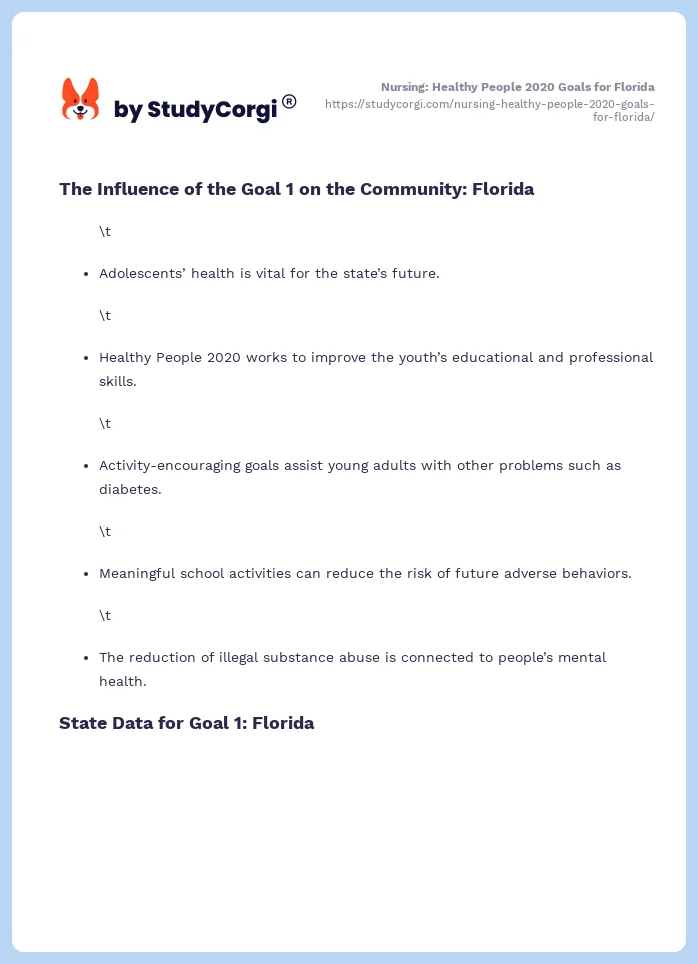 Nursing: Healthy People 2020 Goals for Florida. Page 2