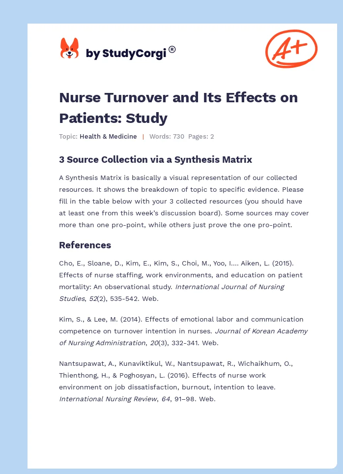 Nurse Turnover and Its Effects on Patients: Study. Page 1