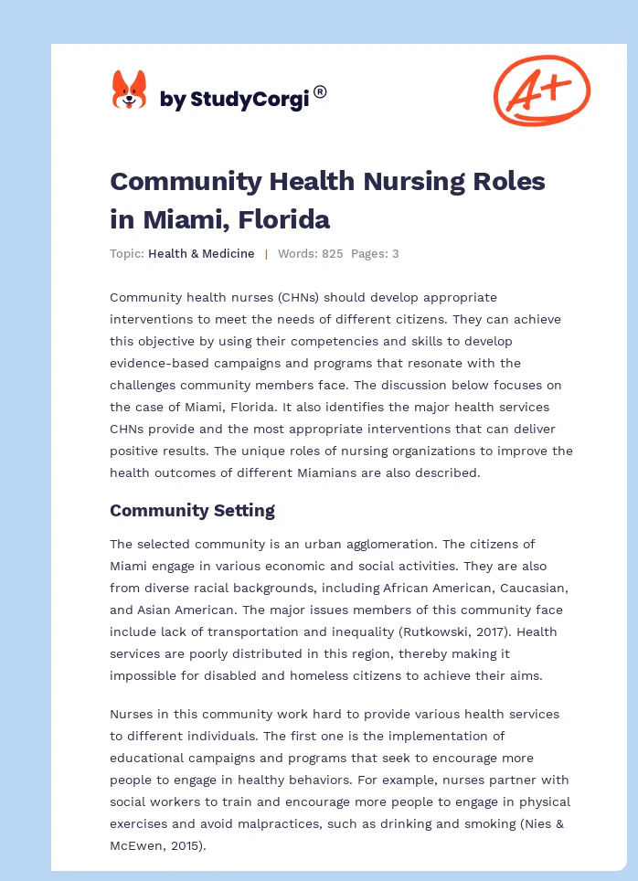 Community Health Nursing Roles in Miami, Florida. Page 1