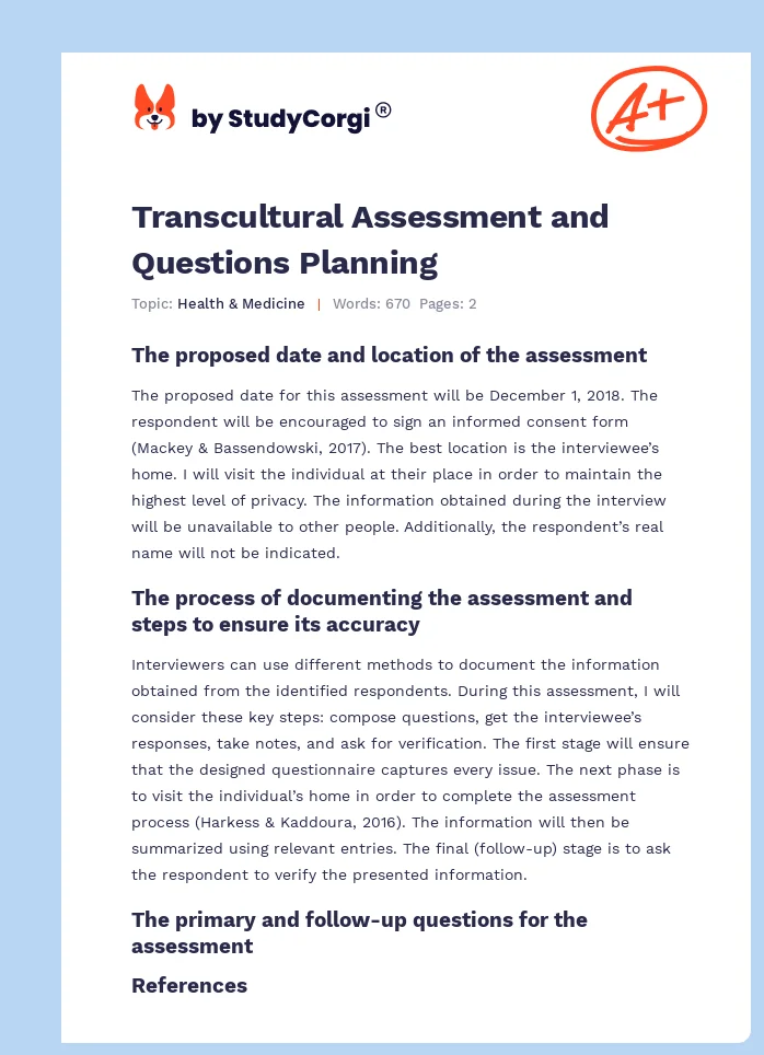Transcultural Assessment and Questions Planning. Page 1