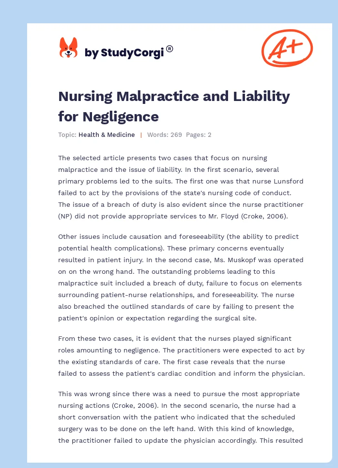 Nursing Malpractice and Liability for Negligence. Page 1