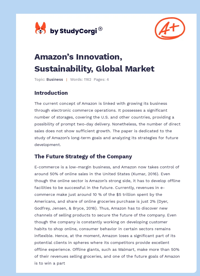 Amazon’s Innovation, Sustainability, Global Market. Page 1