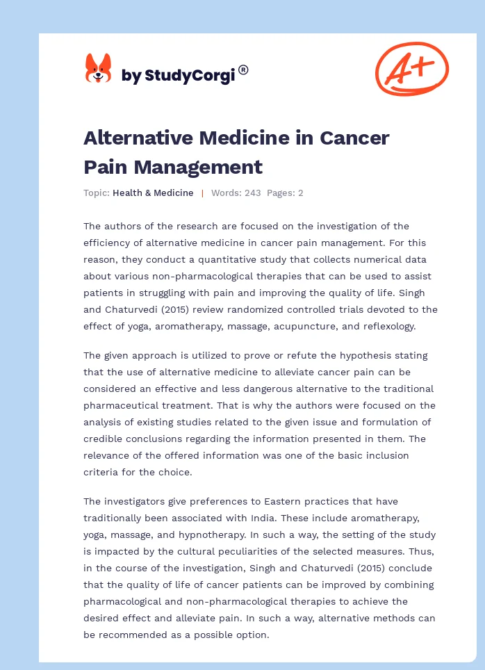 Alternative Medicine in Cancer Pain Management. Page 1