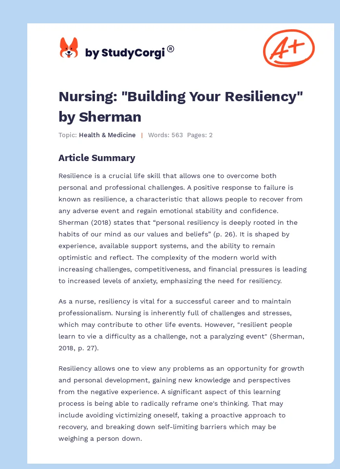 Nursing: "Building Your Resiliency" by Sherman. Page 1