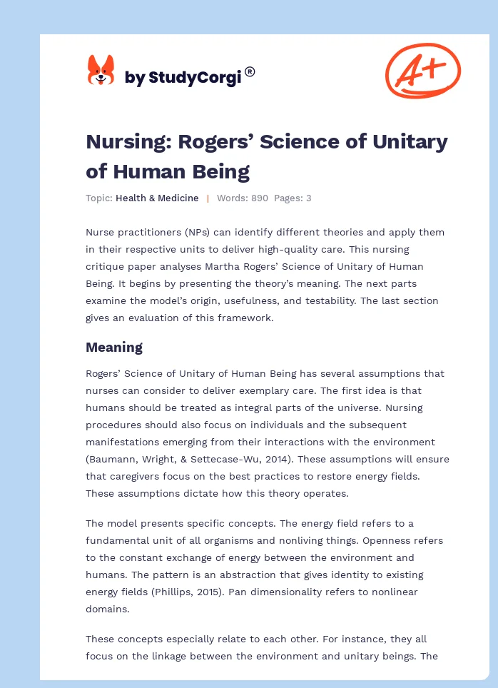 Nursing: Rogers’ Science of Unitary of Human Being. Page 1