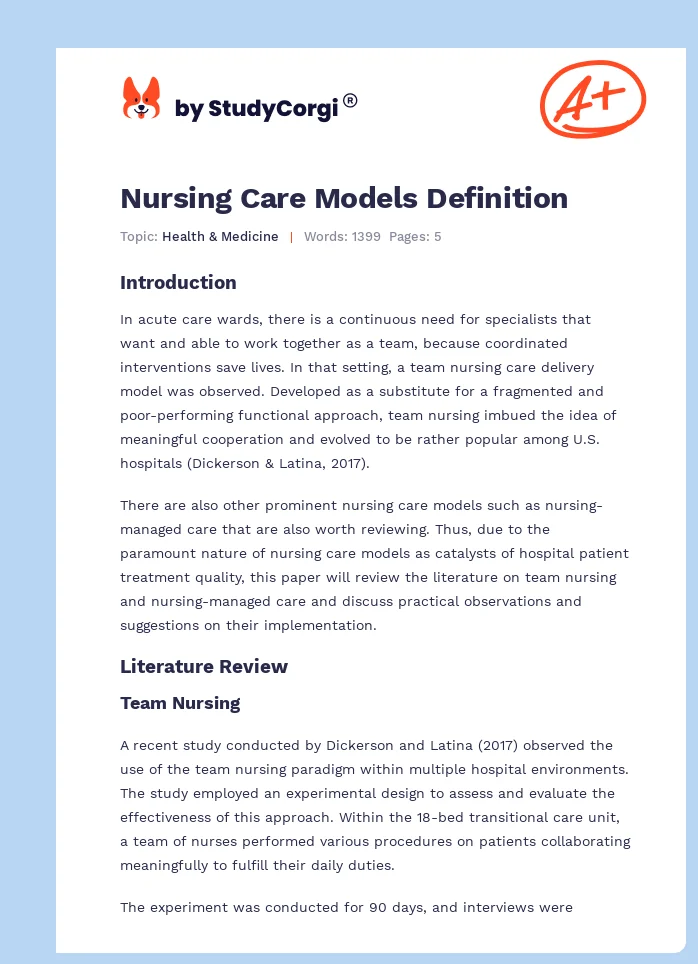 Nursing Care Models Definition. Page 1