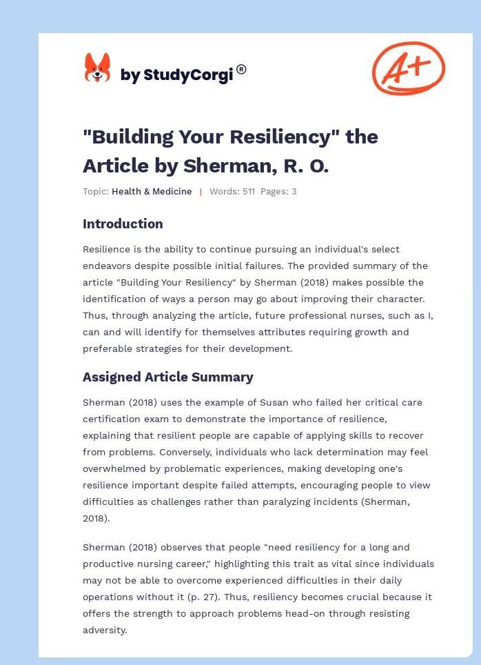 "Building Your Resiliency" the Article by Sherman, R. O.. Page 1