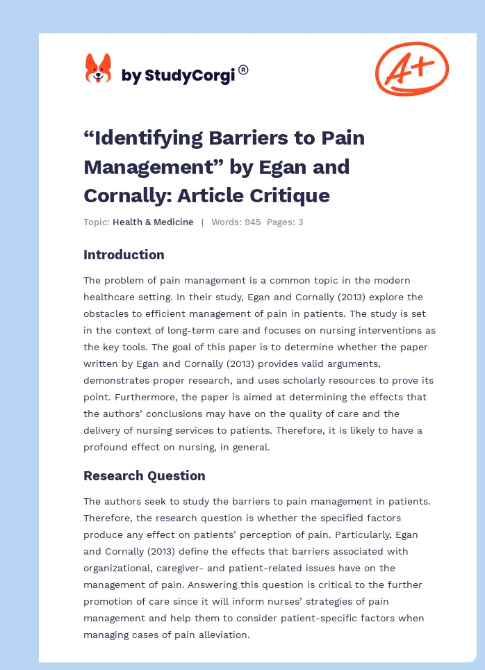 “Identifying Barriers to Pain Management” by Egan and Cornally: Article Critique. Page 1