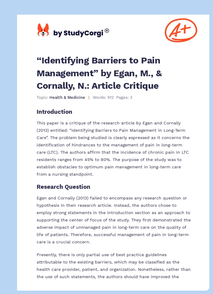 “Identifying Barriers to Pain Management” by Egan, M., & Cornally, N.: Article Critique. Page 1