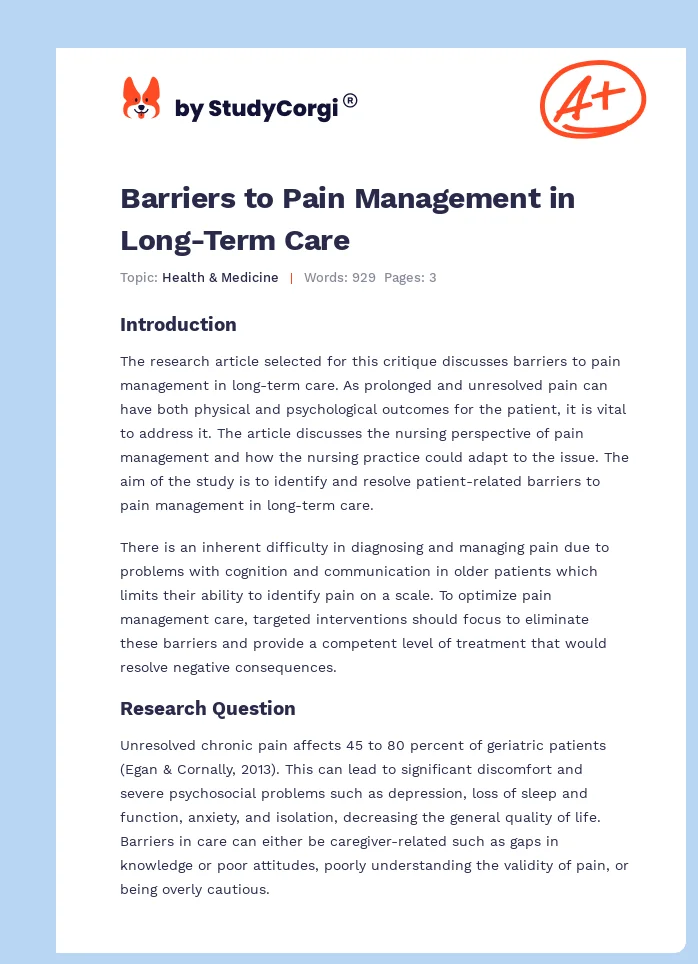 Barriers to Pain Management in Long-Term Care. Page 1
