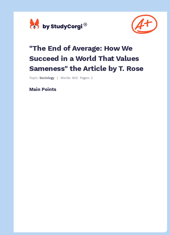 "The End of Average: How We Succeed in a World That Values Sameness" the Article by T. Rose. Page 1