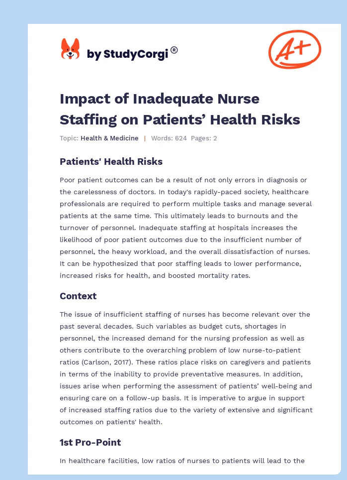 Impact of Inadequate Nurse Staffing on Patients’ Health Risks. Page 1
