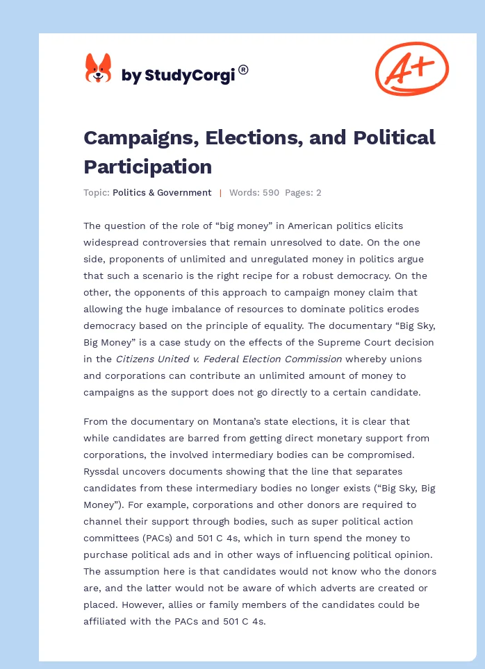 Campaigns, Elections, and Political Participation. Page 1