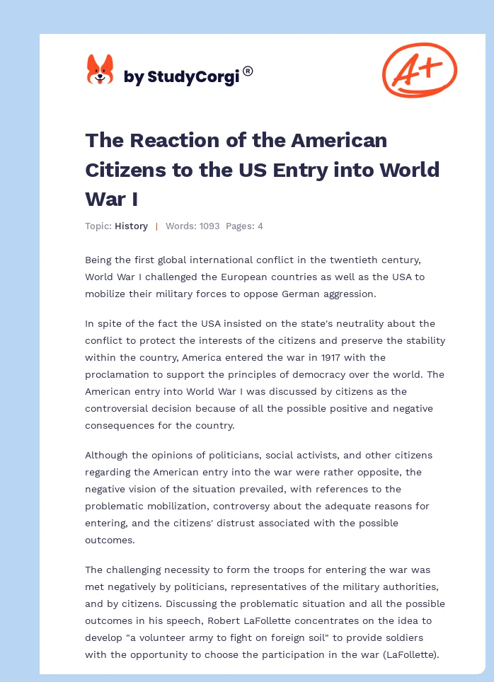 The Reaction of the American Citizens to the US Entry into World War I. Page 1