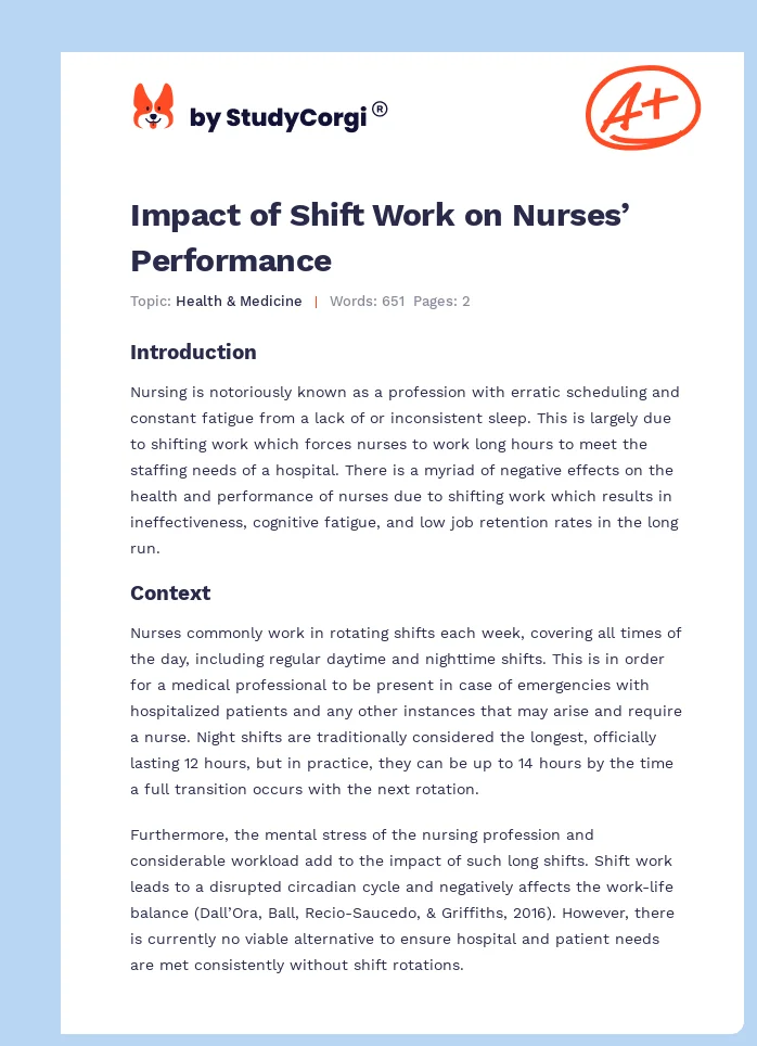 Impact of Shift Work on Nurses’ Performance. Page 1