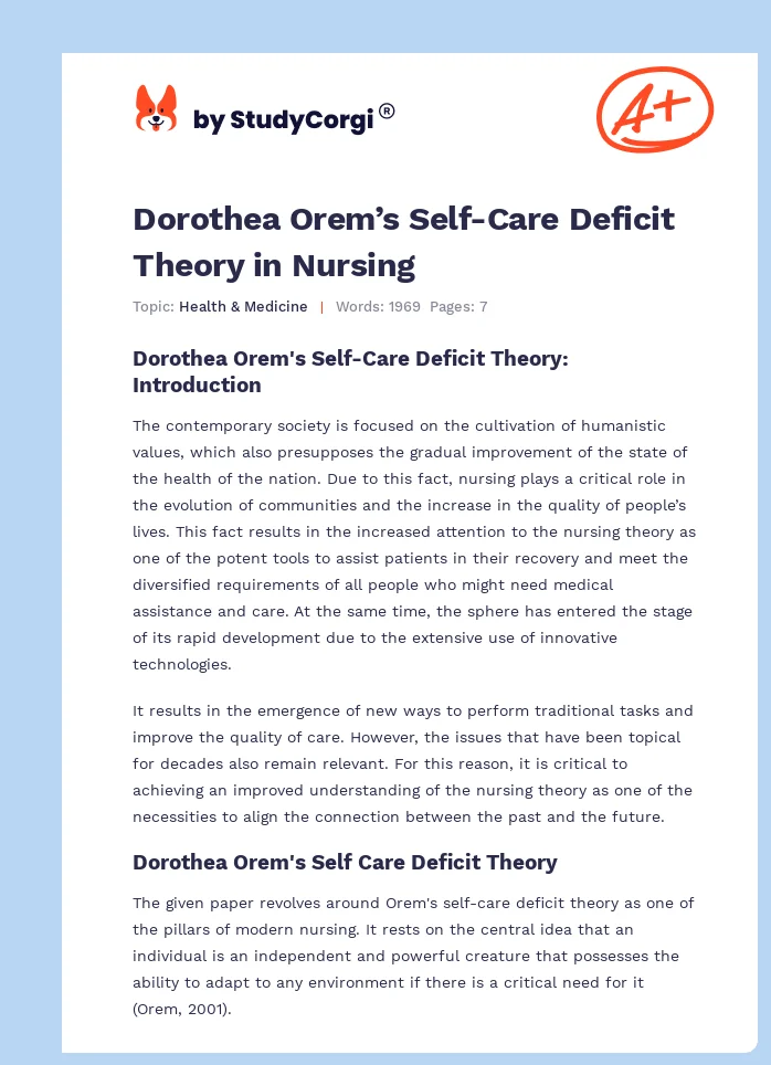 Dorothea Orem’s Self-Care Deficit Theory in Nursing. Page 1