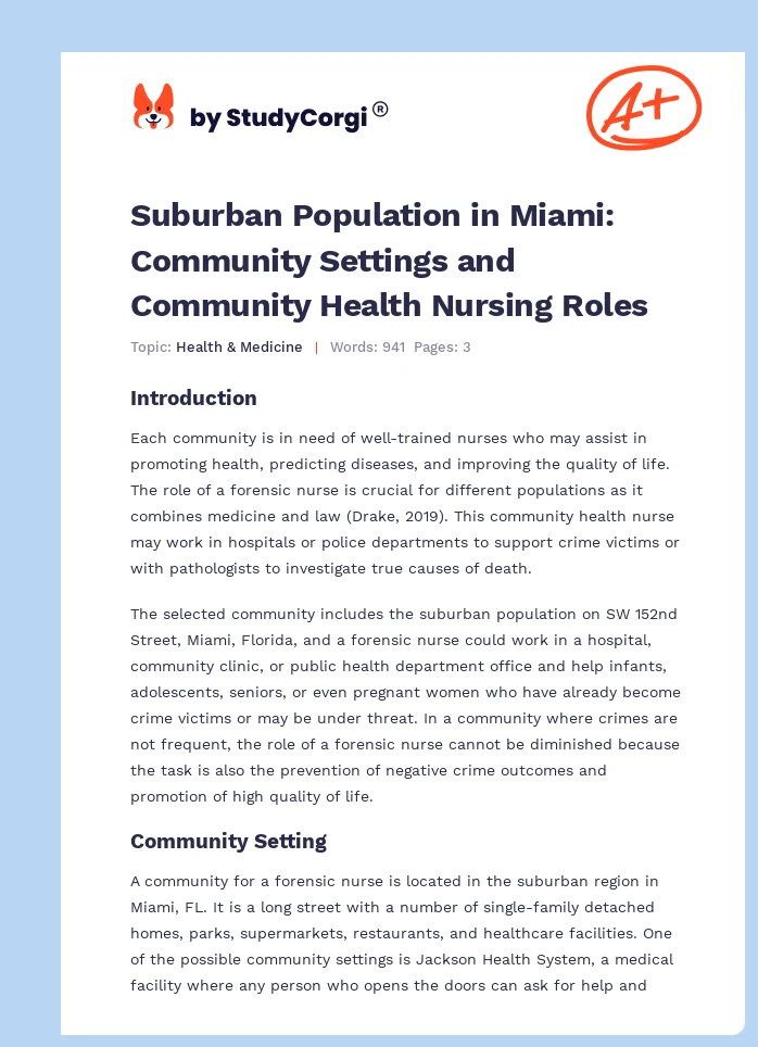Suburban Population in Miami: Community Settings and Community Health Nursing Roles. Page 1