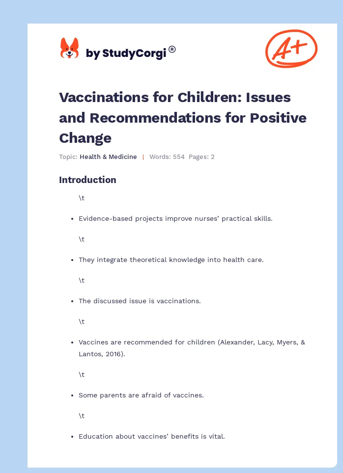 Vaccinations for Children: Issues and Recommendations for Positive Change. Page 1