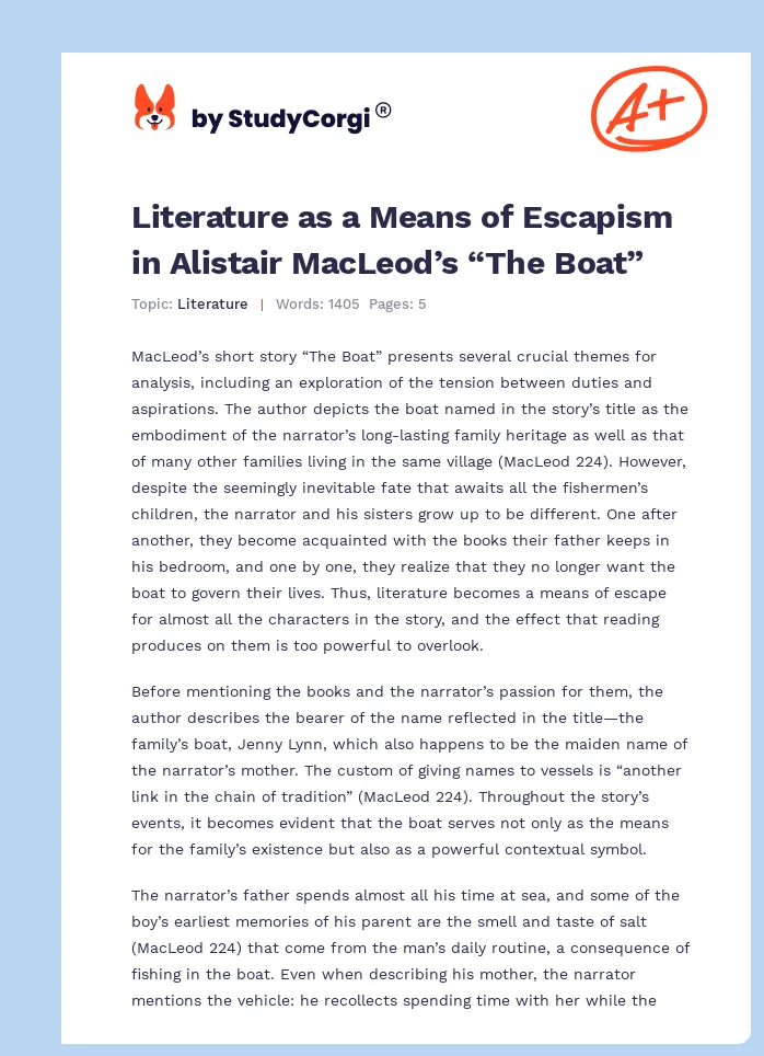 Literature as a Means of Escapism in Alistair MacLeod’s “The Boat”. Page 1