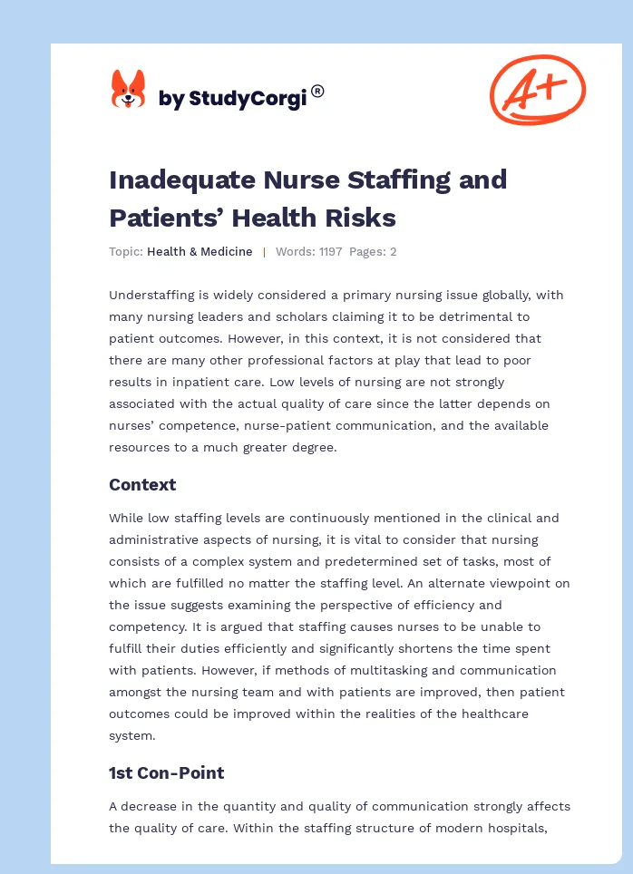 Inadequate Nurse Staffing and Patients’ Health Risks. Page 1
