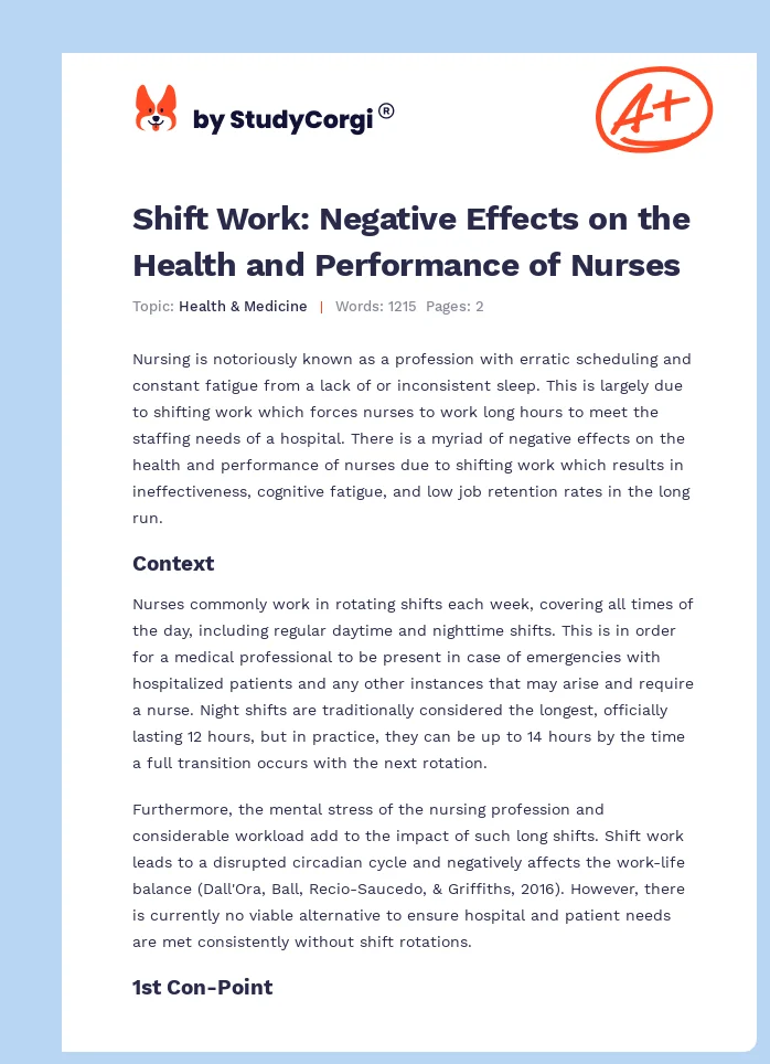 Shift Work: Negative Effects on the Health and Performance of Nurses. Page 1