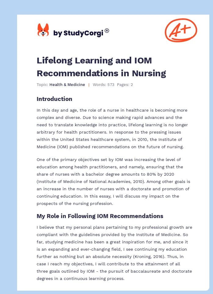 Lifelong Learning and IOM Recommendations in Nursing. Page 1