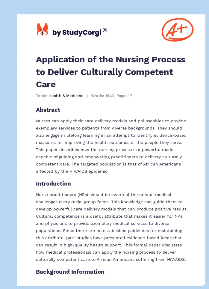 Application of the Nursing Process to Deliver Culturally Competent Care. Page 1