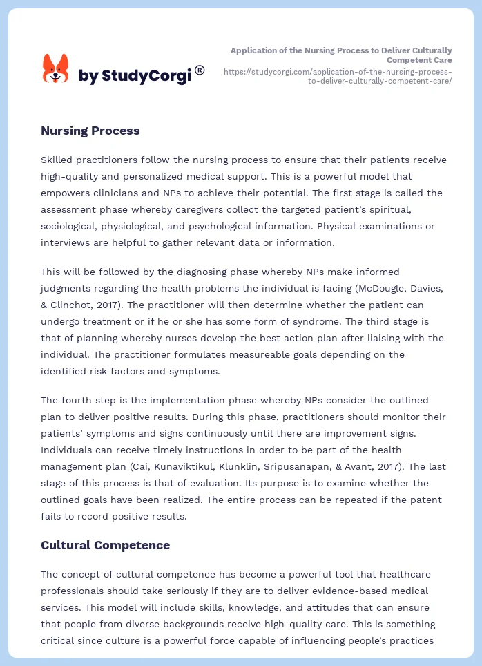 Application of the Nursing Process to Deliver Culturally Competent Care. Page 2