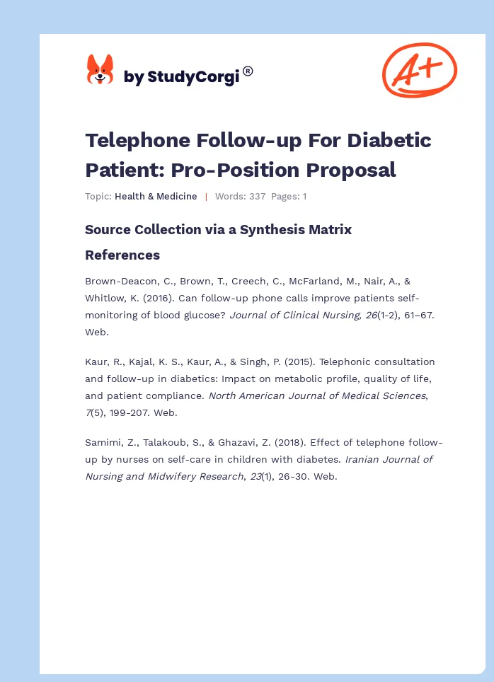 Telephone Follow-up For Diabetic Patient: Pro-Position Proposal. Page 1