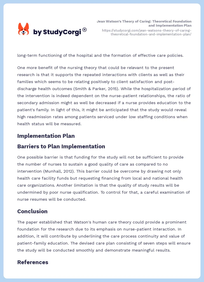 Jean Watson’s Theory of Caring: Theoretical Foundation and Implementation Plan. Page 2
