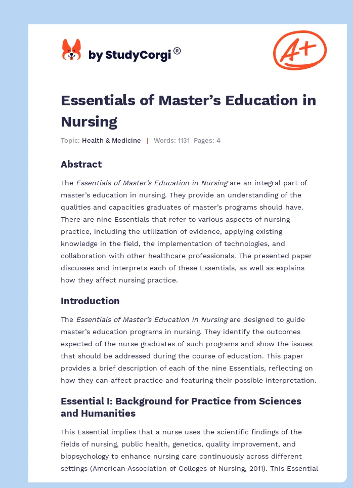 Essentials of Master’s Education in Nursing. Page 1