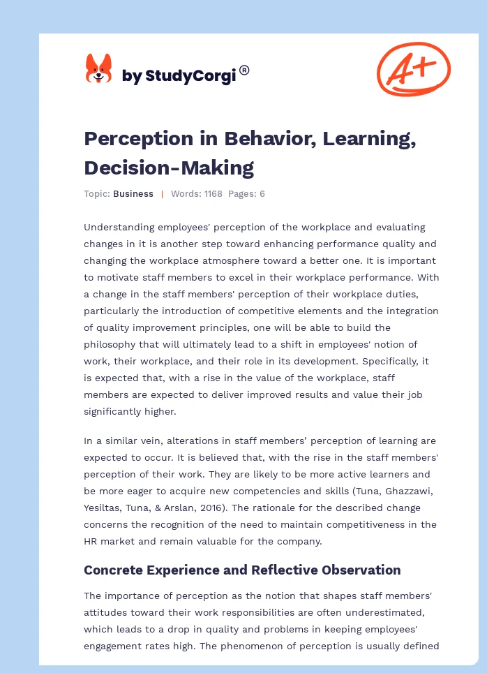 Perception in Behavior, Learning, Decision-Making. Page 1