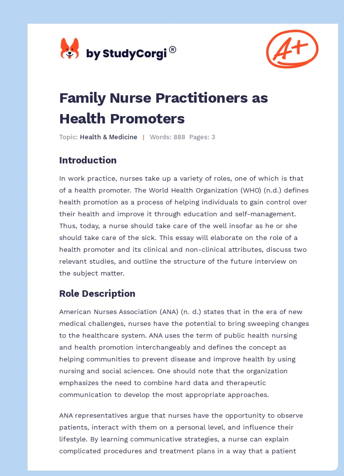 Family Nurse Practitioners as Health Promoters. Page 1