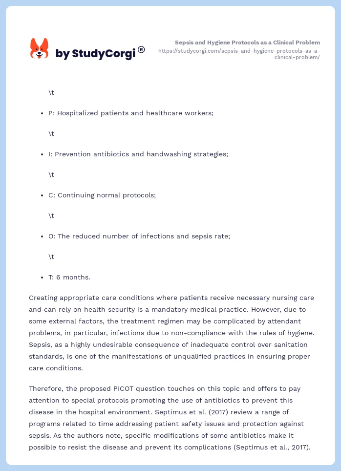 Sepsis and Hygiene Protocols as a Clinical Problem. Page 2