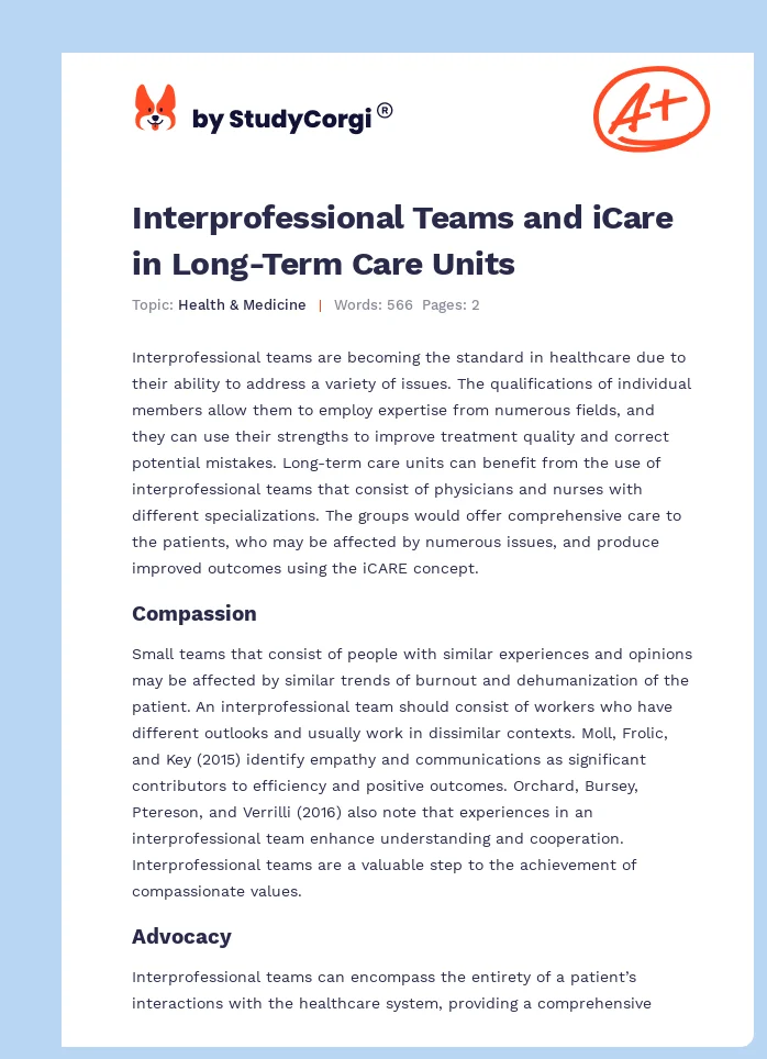 Interprofessional Teams and iCare in Long-Term Care Units. Page 1