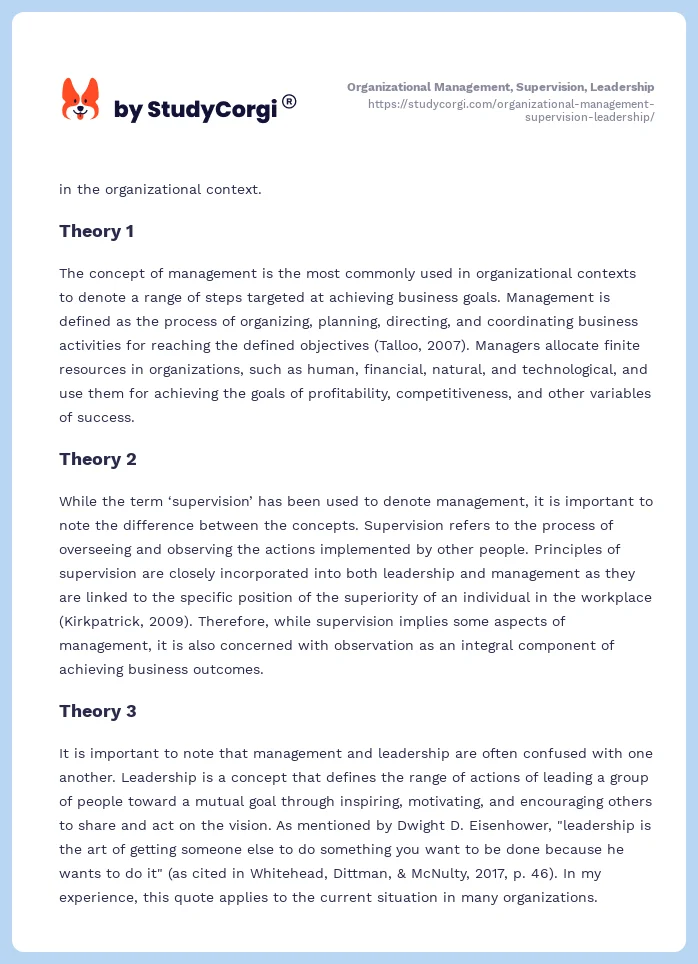 Organizational Management, Supervision, Leadership. Page 2