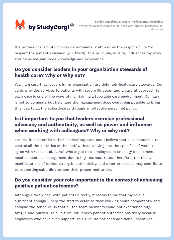 Senior Oncology Nurse's Professional Interview. Page 2