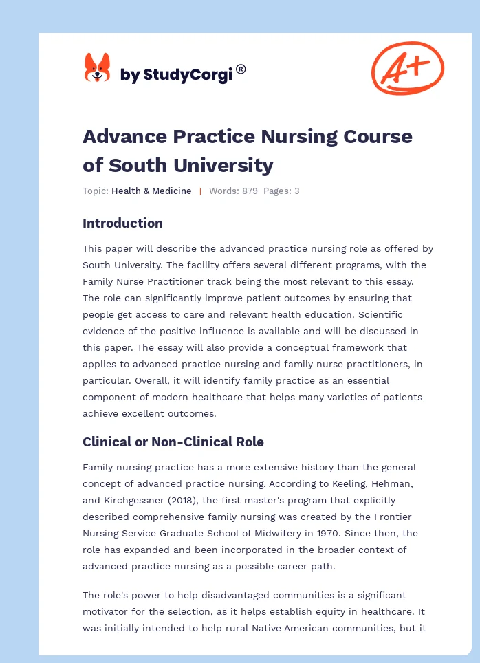 Advance Practice Nursing Course of South University. Page 1