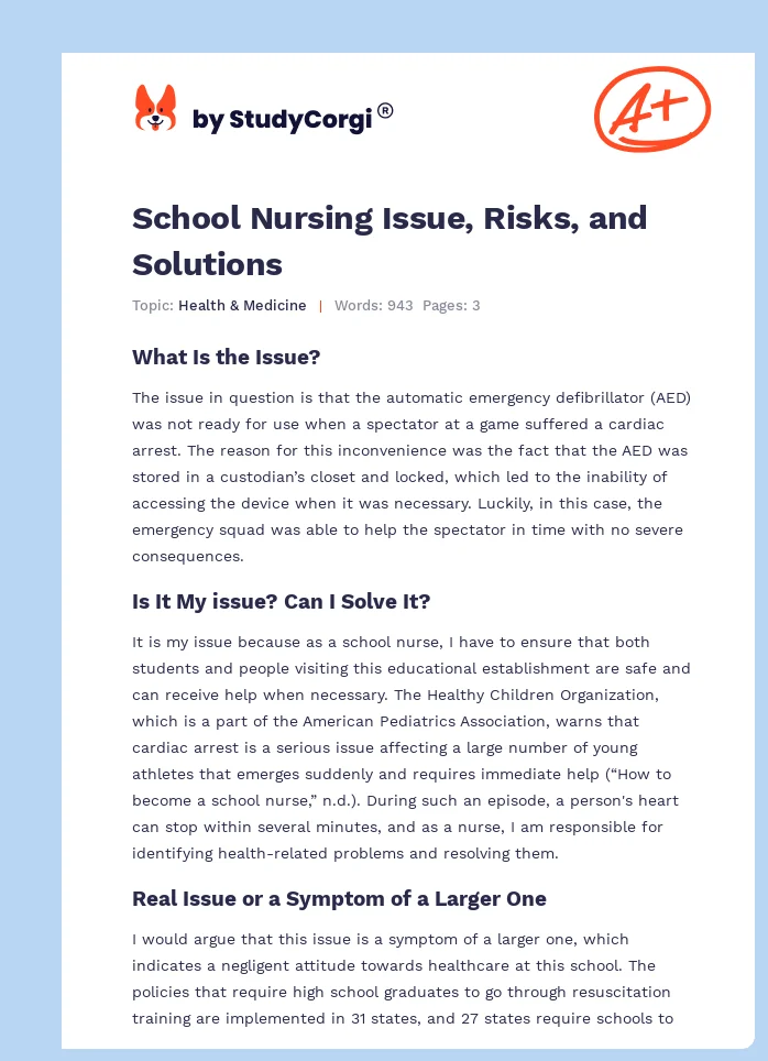 School Nursing Issue, Risks, and Solutions. Page 1