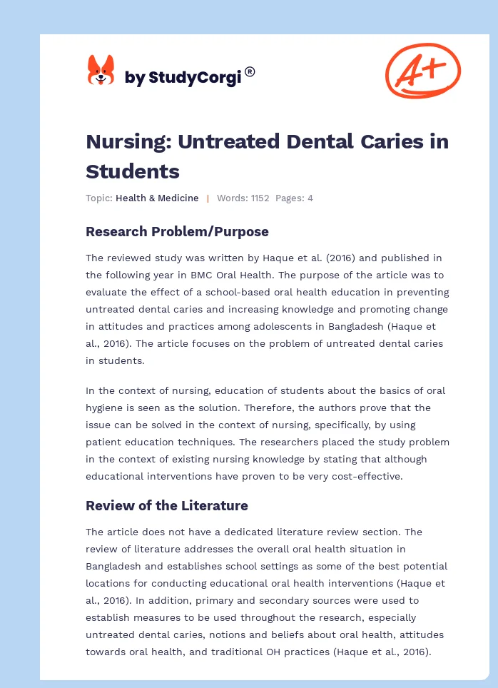 Nursing: Untreated Dental Caries in Students. Page 1
