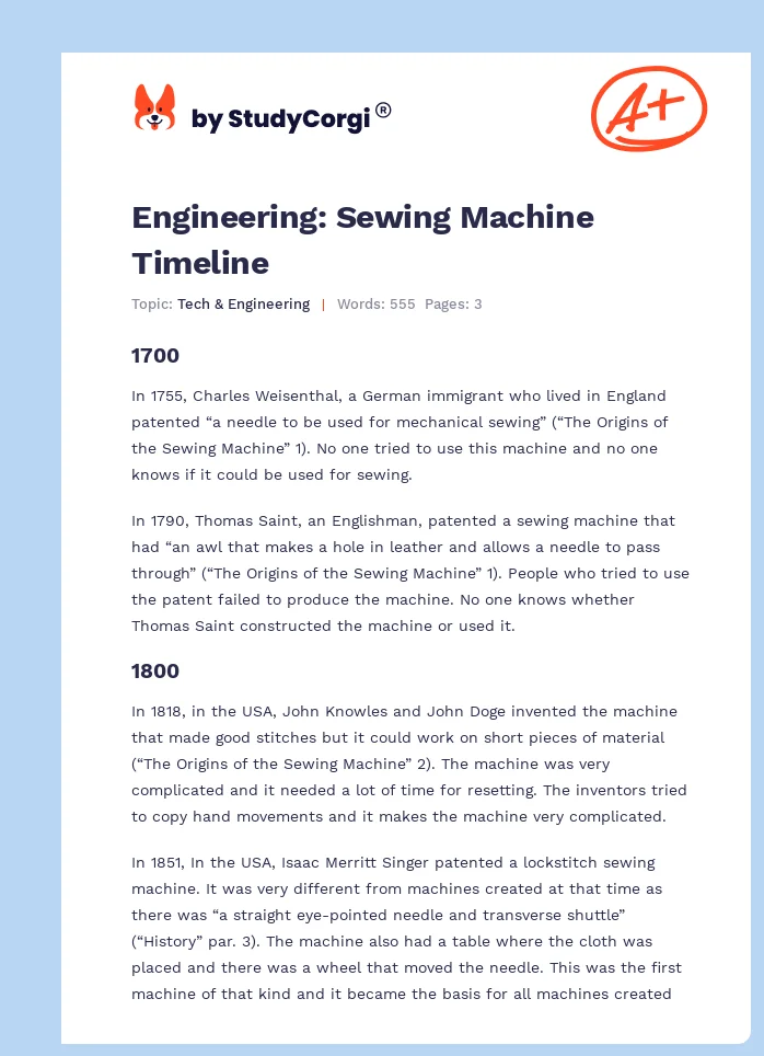 Engineering: Sewing Machine Timeline. Page 1