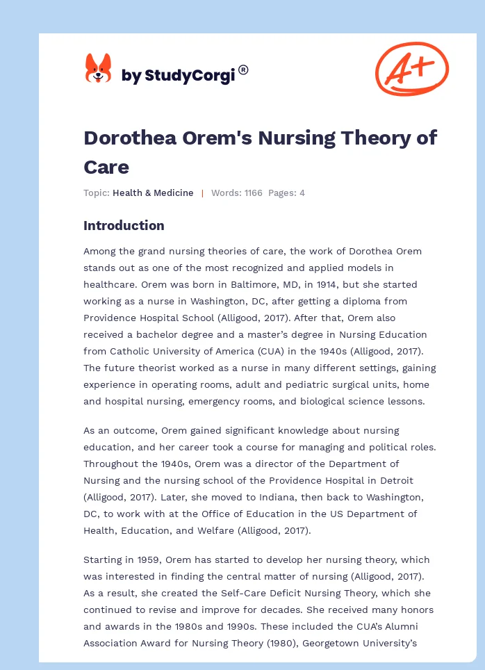 Dorothea Orem's Nursing Theory of Care. Page 1
